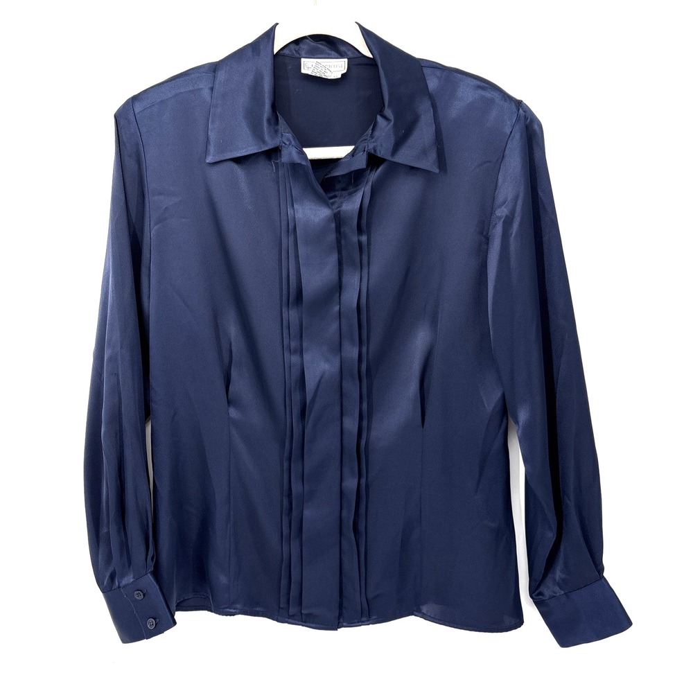 Evan Picone Blouse Womens 12 Button Up‎ Pleated  Front Navy